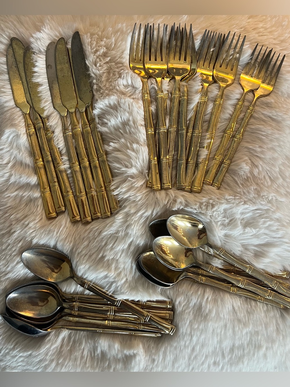 Vintage Mid Century Gold Plate Kona Bamboo  Flatware Set 33-Piece Elegant Cutler